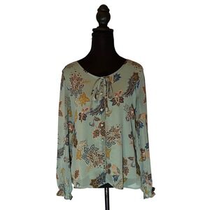 Christopher & Banks Petite Teal Paisley Print Tie Neck Long Sleeve Blouse Sz P/M